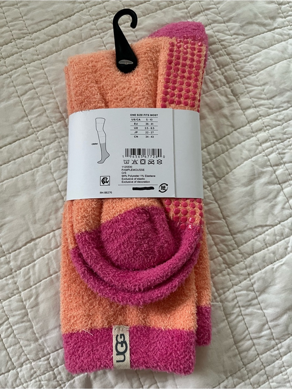 UGG Women's Fuzzy Cree Socks in Peach and Magenta with grips - Picture 6 of 7